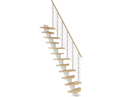 Pertura Mittelholmtreppe Aris Weiß Variabel variabel 1/4 gewendelt unten links/rechts Gerade 64 cm Relinggeländer Buche Leimholz Geölt 12 Stufen / 13 Steigungen Raumspartreppe mit Holzstufen und Geländer