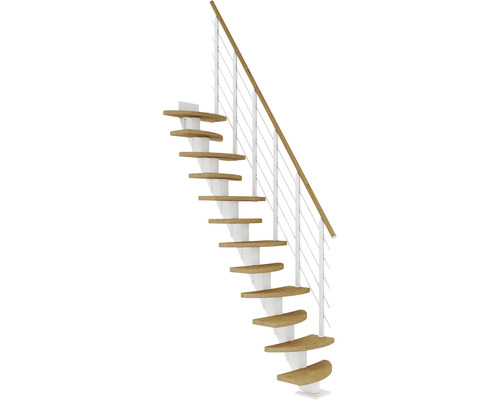 Pertura Mittelholmtreppe Aris Weiß Variabel variabel 1/4 gewendelt unten links/rechts Gerade 64 cm Relinggeländer Eiche Leimholz Geölt 11 Stufen / 12 Steigungen Raumspartreppe mit Holzstufen und Geländer mit Edelstahlseilen