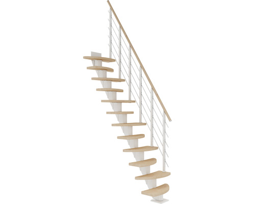 Pertura Mittelholmtreppe Aris Weiß Variabel variabel 1/4 gewendelt unten links/rechts Gerade 64 cm Relinggeländer Eiche Weiss geölt 12 Stufen / 13 Steigungen Raumspartreppe mit Holzstufen und Geländer