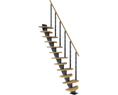 Pertura Mittelholmtreppe Aris Anthrazit Variabel variabel 1/4 gewendelt unten links/rechts Gerade 64 cm Relinggeländer Eiche Leimholz Geölt 12 Stufen / 13 Steigungen Freitragende Treppe mit Holzstufen und Metallgeländer