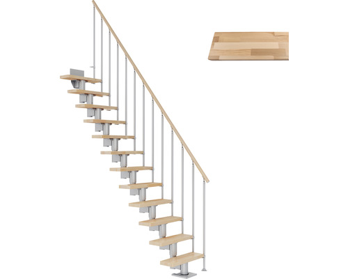 Pertura Mittelholmtreppe Spiros Perlgrau Gerade 65 cm Stabgeländer Buche Leimholz Lackiert 12 Stufen / 13 Steigungen