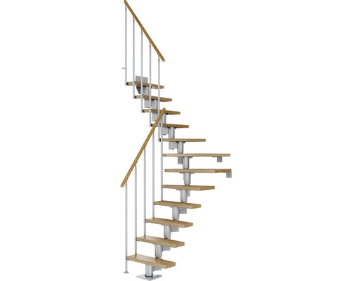 Pertura Mittelholmtreppe Spiros Perlgrau 1/4 gewendelt unten links/rechts 65 cm Stabgeländer Eiche Lackiert 12 Stufen / 13 Steigungen