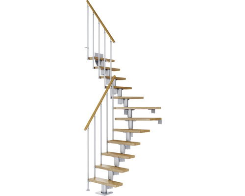 Pertura Mittelholmtreppe Spiros Perlgrau 1/4 gewendelt unten links/rechts 65 cm Stabgeländer Eiche Lackiert 14 Stufen / 15 Steigungen