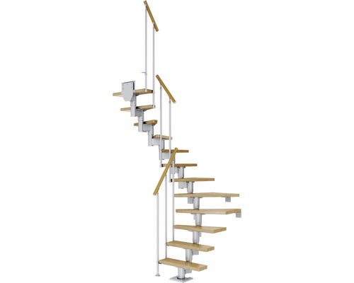 Pertura Mittelholmtreppe Spiros Perlgrau 1/2-gewendelt 65 cm Stabgeländer Eiche Lackiert 12 Stufen / 13 Steigungen