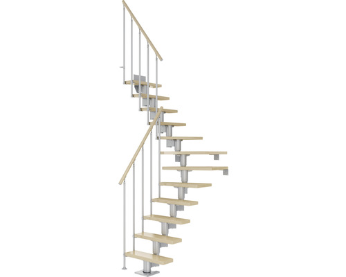 Pertura Mittelholmtreppe Spiros Perlgrau 1/4 gewendelt unten links/rechts 65 cm Stabgeländer Ahorn Leimholz Lackiert 11 Stufen / 12 Steigungen