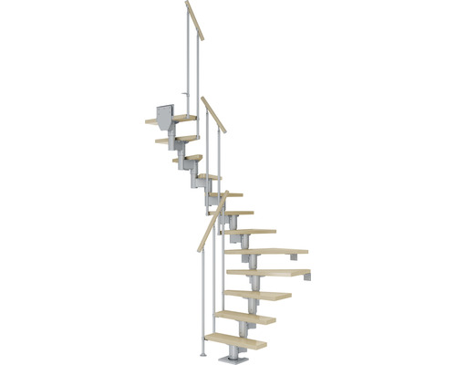 Pertura Mittelholmtreppe Spiros Perlgrau 65 cm Stabgeländer Ahorn Leimholz Lackiert 11 Stufen 12 Steigungen