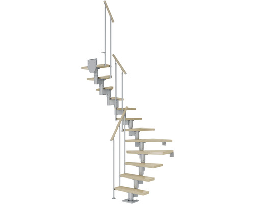 Pertura Mittelholmtreppe Spiros Perlgrau 1/2-gewendelt 65 cm Stabgeländer Ahorn Leimholz Lackiert 13 Stufen / 14 Steigungen