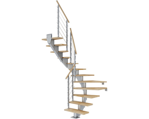 Pertura Mittelholmtreppe Alena Perlgrau 1/2-gewendelt 75 cm Relinggeländer Buche Leimholz Geölt 12 Stufen / 13 Steigungen