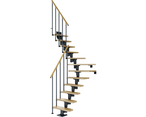 Pertura Mittelholmtreppe Spiros Anthrazit 1/4 gewendelt unten links/rechts 65 cm Stabgeländer Eiche Lackiert 13 Stufen / 14 Steigungen