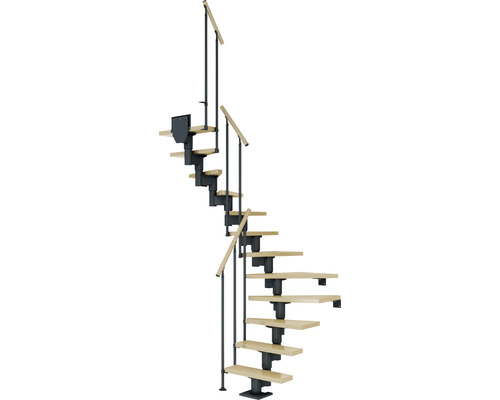 Pertura Mittelholmtreppe Spiros Anthrazit 1/2-gewendelt 65 cm Stabgeländer Ahorn Leimholz Lackiert 12 Stufen / 13 Steigungen