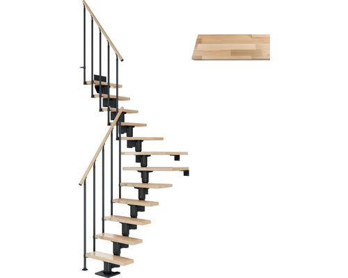 Pertura Mittelholmtreppe Spiros Anthrazit 1/4 gewendelt unten links/rechts 65 cm Stabgeländer Buche Leimholz Lackiert 12 Stufen / 13 Steigungen