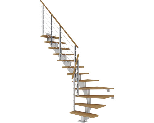 Pertura Mittelholmtreppe Alena Perlgrau 1/4 gewendelt unten links/rechts 75 cm Relinggeländer Eiche Leimholz Geölt 14 Stufen / 15 Steigungen