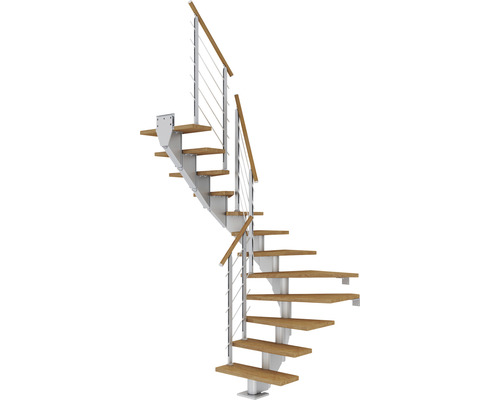 Pertura Mittelholmtreppe Alena Perlgrau 1/2-gewendelt 75 cm Relinggeländer Eiche Leimholz Geölt 14 Stufen / 15 Steigungen