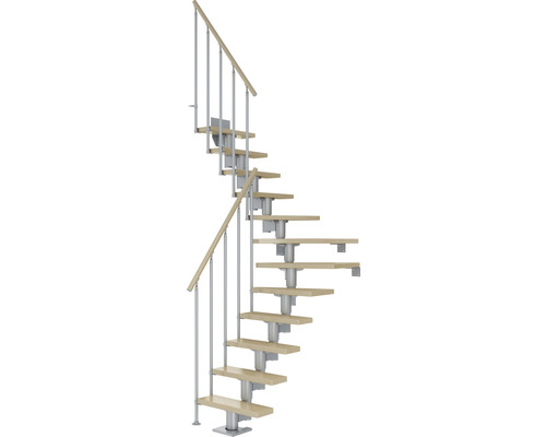 Pertura Mittelholmtreppe Spiros Perlgrau 1/4 gewendelt unten links/rechts 75 cm Stabgeländer Ahorn Leimholz Lackiert 13 Stufen / 14 Steigungen