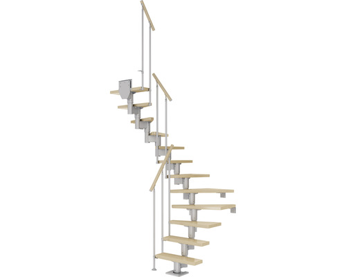 Pertura Mittelholmtreppe Spiros Perlgrau 1/2-gewendelt 75 cm Stabgeländer Ahorn Leimholz Lackiert 12 Stufen / 13 Steigungen