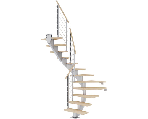 Pertura Mittelholmtreppe Alena Perlgrau 1/2-gewendelt 75 cm Relinggeländer Eiche Weiss geölt 12 Stufen / 13 Steigungen