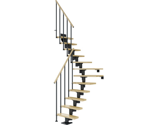 Pertura Mittelholmtreppe Spiros Anthrazit 1/4 gewendelt unten links/rechts 65 cm Stabgeländer Ahorn Leimholz Lackiert 13 Stufen / 14 Steigungen