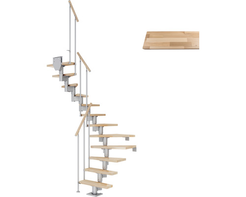 Pertura Mittelholmtreppe Spiros Perlgrau 1/2-gewendelt 75 cm Stabgeländer Buche Leimholz Lackiert 11 Stufen / 12 Steigungen