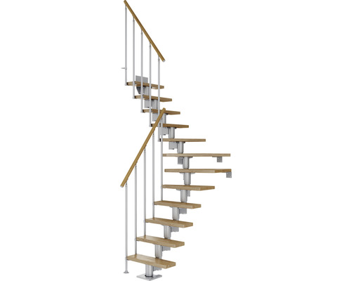 Pertura Mittelholmtreppe Spiros Perlgrau 1/4 gewendelt unten links/rechts 75 cm Stabgeländer Eiche Lackiert 14 Stufen / 15 Steigungen