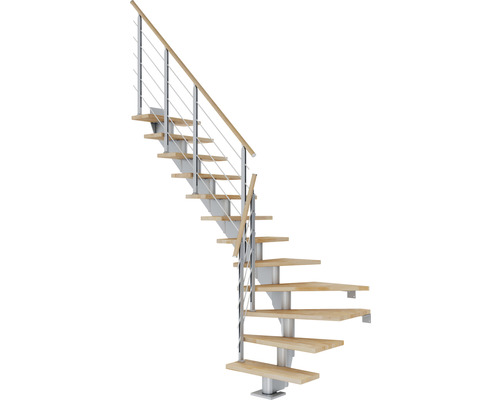 Pertura Mittelholmtreppe Alena Perlgrau 1/4 gewendelt unten links/rechts 85 cm Relinggeländer Buche Leimholz Geölt 12 Stufen / 13 Steigungen