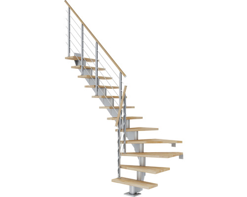 Pertura Mittelholmtreppe Alena Perlgrau 1/4 gewendelt unten links/rechts 85 cm Relinggeländer Buche Leimholz Geölt 13 Stufen / 14 Steigungen