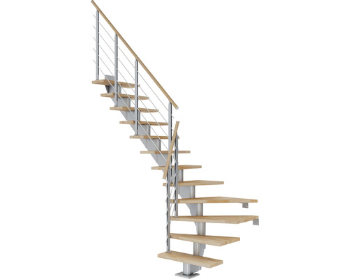 Pertura Mittelholmtreppe Alena Perlgrau 1/4 gewendelt unten links/rechts 85 cm Relinggeländer Buche Leimholz Geölt 14 Stufen / 15 Steigungen