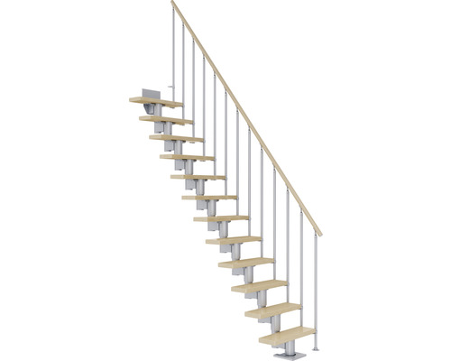 Pertura Mittelholmtreppe Spiros Perlgrau Gerade 75 cm Stabgeländer Ahorn Leimholz Lackiert 11 Stufen / 12 Steigungen