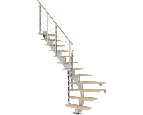 Pertura Mittelholmtreppe Alena Perlgrau 1/4 gewendelt unten links/rechts 85 cm Relinggeländer Eiche Weiss geölt 11 Stufen / 12 Steigungen