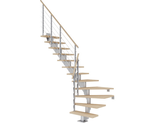 Pertura Mittelholmtreppe Alena Perlgrau 1/4 gewendelt unten links/rechts 85 cm Relinggeländer Eiche Weiss geölt 12 Stufen / 13 Steigungen