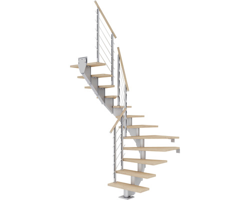 Pertura Mittelholmtreppe Alena Perlgrau 1/2-gewendelt 85 cm Relinggeländer Eiche Weiss geölt 11 Stufen / 12 Steigungen