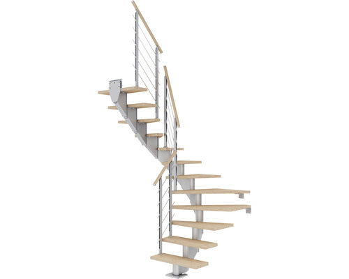 Pertura Mittelholmtreppe Alena Perlgrau 1/2-gewendelt 85 cm Relinggeländer Eiche Weiss geölt 13 Stufen / 14 Steigungen