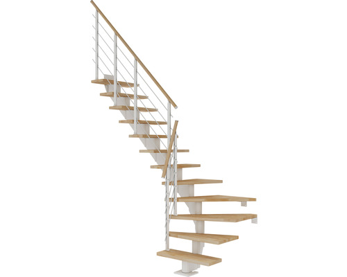 Pertura Mittelholmtreppe Alena Weiß 1/4 gewendelt unten links/rechts 85 cm Relinggeländer Buche Leimholz Geölt 14 Stufen / 15 Steigungen