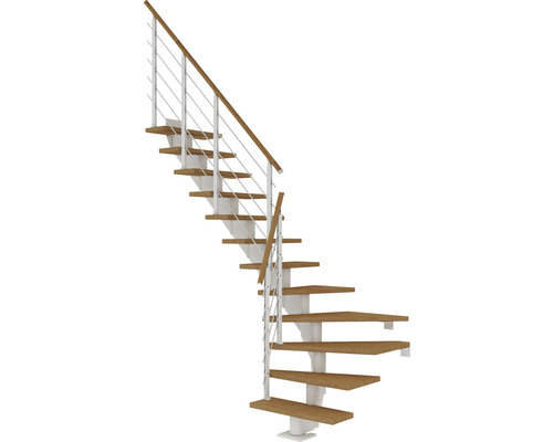 Pertura Mittelholmtreppe Alena Weiß 1/4 gewendelt unten links/rechts 85 cm Relinggeländer Eiche Leimholz Geölt 11 Stufen / 12 Steigungen