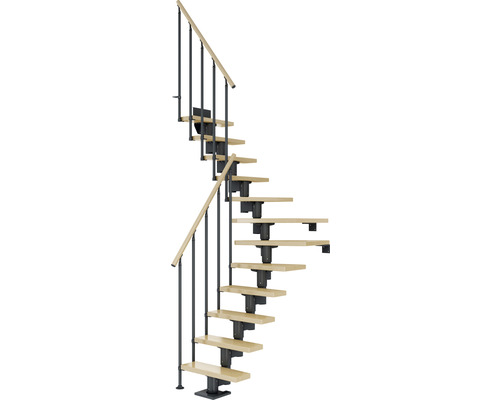 Pertura Mittelholmtreppe Spiros Anthrazit 1/4 gewendelt unten links/rechts 75 cm Stabgeländer Ahorn Leimholz Lackiert 13 Stufen / 14 Steigungen