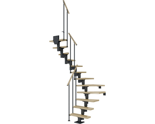 Pertura Mittelholmtreppe Spiros Anthrazit 1/2-gewendelt 75 cm Stabgeländer Ahorn Leimholz Lackiert 14 Stufen / 15 Steigungen