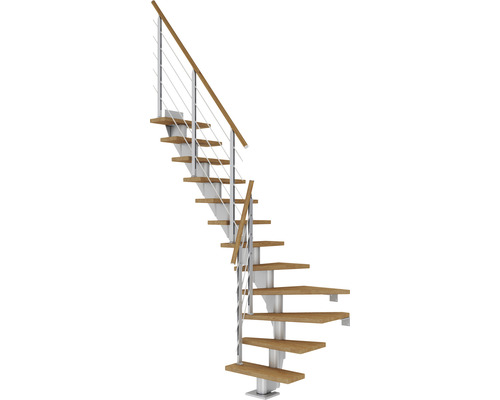 Pertura Mittelholmtreppe Malva Perlgrau 1/4 gewendelt unten links/rechts 65 cm Stabgeländer Eiche Geölt 11 Stufen / 12 Steigungen