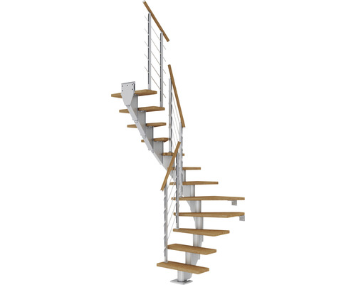 Pertura Mittelholmtreppe Malva Perlgrau 1/2-gewendelt 65 cm Stabgeländer Eiche Geölt 11 Stufen / 12 Steigungen