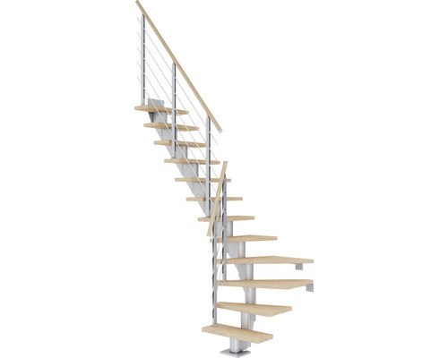 Pertura Mittelholmtreppe Malva Perlgrau 1/4 gewendelt unten links/rechts 65 cm Stabgeländer Eiche Weiss geölt 11 Stufen / 12 Steigungen