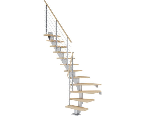 Pertura Mittelholmtreppe Malva Perlgrau 1/4 gewendelt unten links/rechts 65 cm Stabgeländer Eiche Weiss geölt 12 Stufen / 13 Steigungen