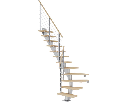 Pertura Mittelholmtreppe Malva Perlgrau 1/4 gewendelt unten links/rechts 65 cm Stabgeländer Eiche Weiss geölt 13 Stufen / 14 Steigungen