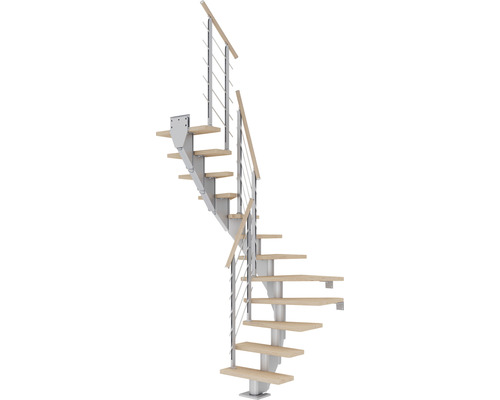 Pertura Mittelholmtreppe Malva Perlgrau 1/2-gewendelt 65 cm Stabgeländer Eiche Weiss geölt 12 Stufen / 13 Steigungen