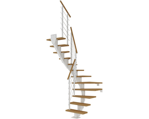 Pertura Mittelholmtreppe Malva Weiß 1/2-gewendelt 65 cm Stabgeländer Eiche Geölt 11 Stufen / 12 Steigungen