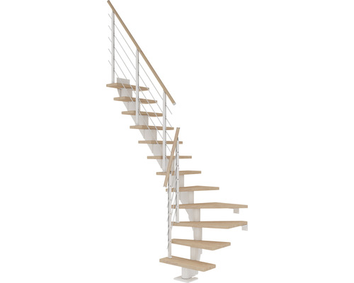 Pertura Mittelholmtreppe Malva Weiß 1/4 gewendelt unten links/rechts 65 cm Stabgeländer Eiche Weiss geölt 11 Stufen / 12 Steigungen