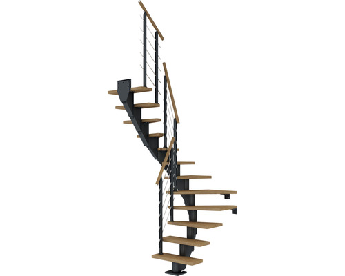 Pertura Mittelholmtreppe Malva Anthrazit 1/2-gewendelt 65 cm Stabgeländer Eiche Leimholz Geölt 12 Stufen / 13 Steigungen