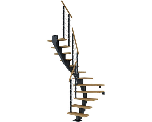 Pertura Mittelholmtreppe Malva Anthrazit 1/2-gewendelt 75 cm Stabgeländer Eiche Leimholz Geölt 12 Stufen / 13 Steigungen