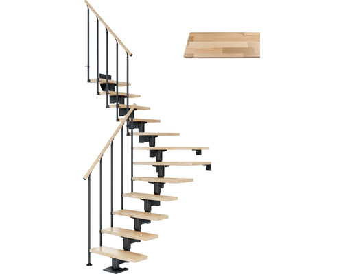 Pertura Mittelholmtreppe Chiron Anthrazit 1/4 gewendelt unten links/rechts 75 cm Stabgeländer Buche Leimholz Lackiert 12 Stufen / 13 Steigungen