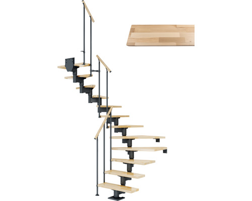 Pertura Mittelholmtreppe Chiron Anthrazit 1/2-gewendelt 75 cm Stabgeländer Buche Leimholz Lackiert 11 Stufen / 12 Steigungen