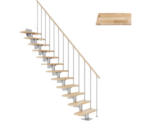 Pertura Mittelholmtreppe Chiron Perlgrau Gerade 75 cm Stabgeländer Buche Leimholz Lackiert 11 Stufen / 12 Steigungen