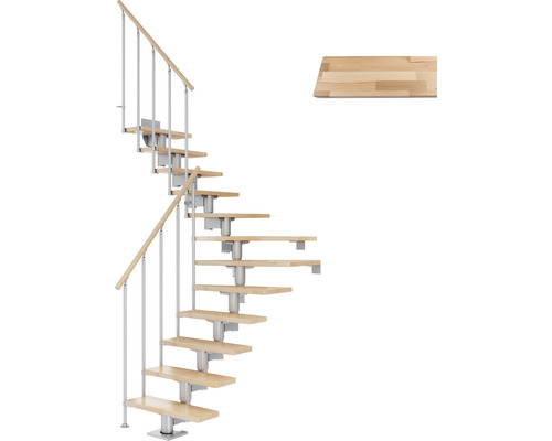 Pertura Mittelholmtreppe Chiron Perlgrau 1/4 gewendelt unten links/rechts 75 cm Stabgeländer Buche Leimholz Lackiert 13 Stufen / 14 Steigungen