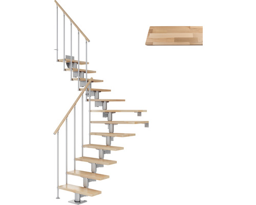 Pertura Mittelholmtreppe Chiron Perlgrau 1/4 gewendelt unten links/rechts 75 cm Stabgeländer Buche Leimholz Lackiert 14 Stufen / 15 Steigungen